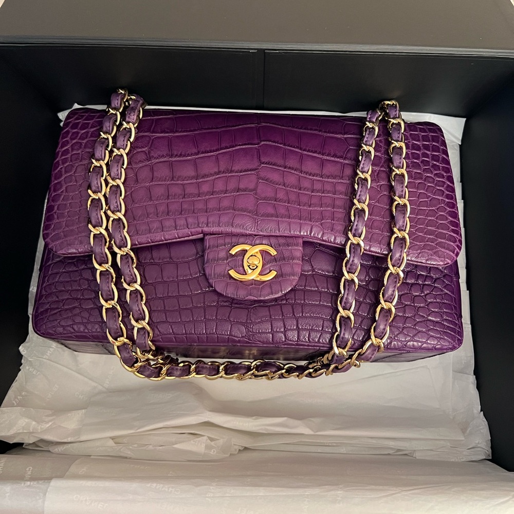 Chanel jumbo matte crocodile purple double flap bag